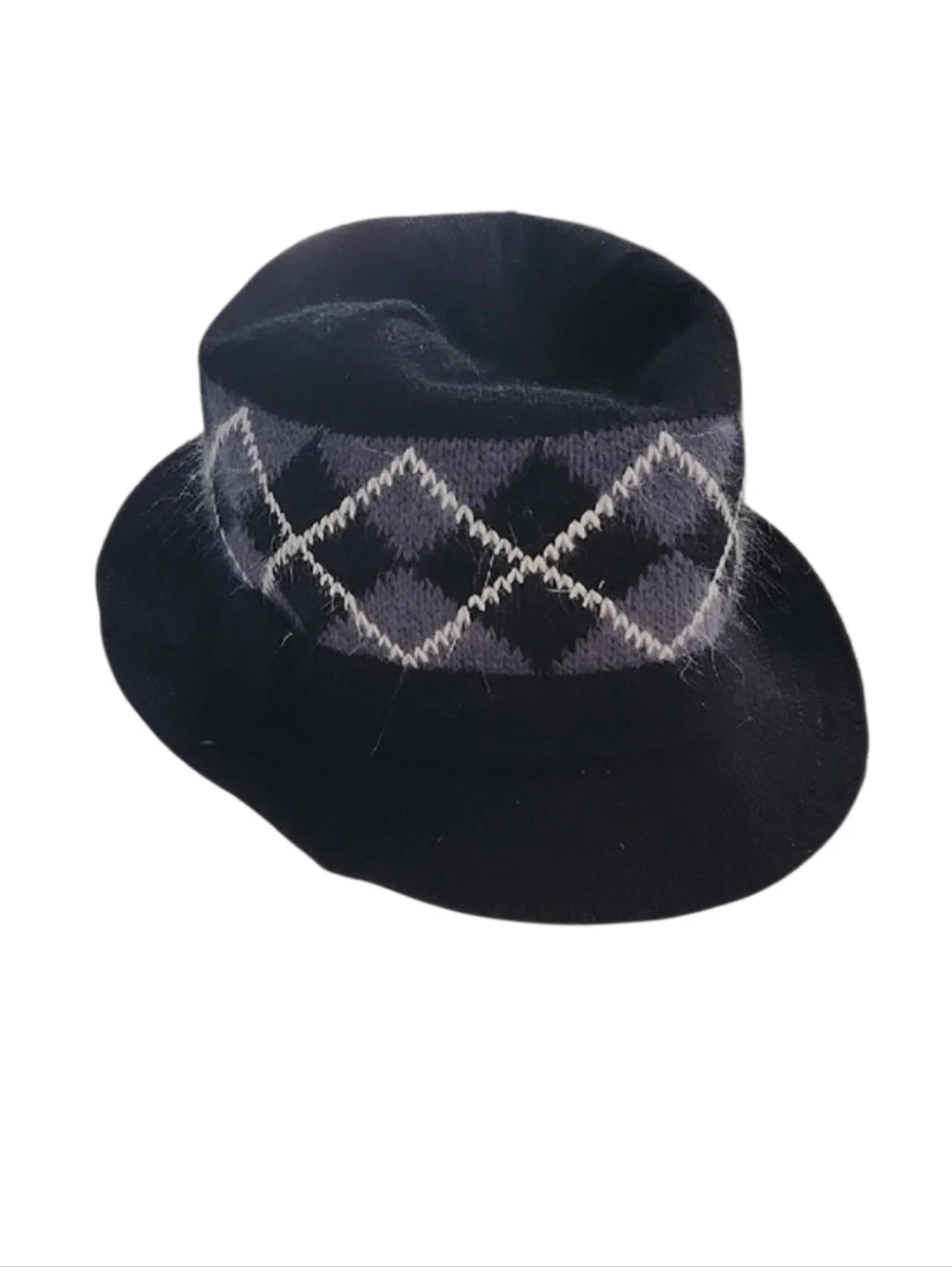 Fedora Cloche Bucket Hat Black And Grey Argyle Knit Wool/ Angora - Unbranded